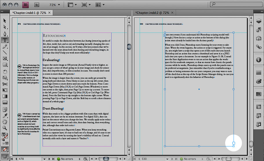 ID_04_ok With two views, you can edit a page in the middle of the document while watching for the overset text indicator to go away on the last page.